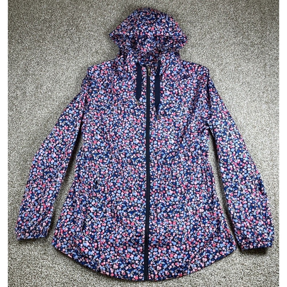 Kate Spade Floral Print Anorak Jacket Hooded Packable Double Bib Size Small